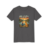 Youth Tee — "Life Is Better at the Lake" Camping Dog Kids Shirt