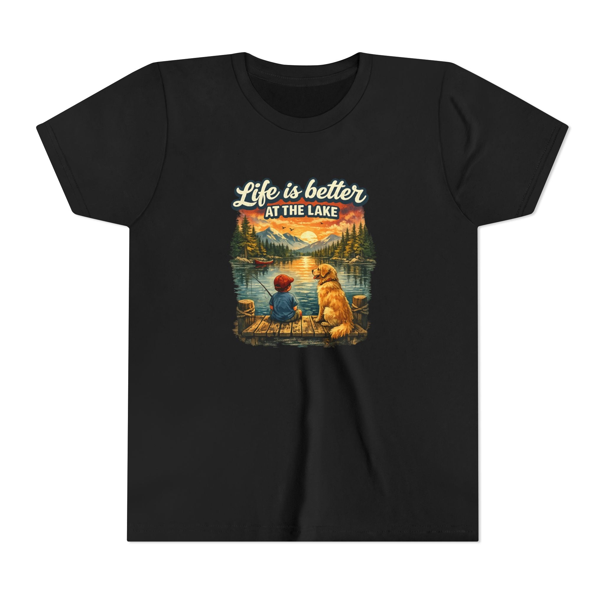 Youth Tee — "Life Is Better at the Lake" Camping Dog Kids Shirt